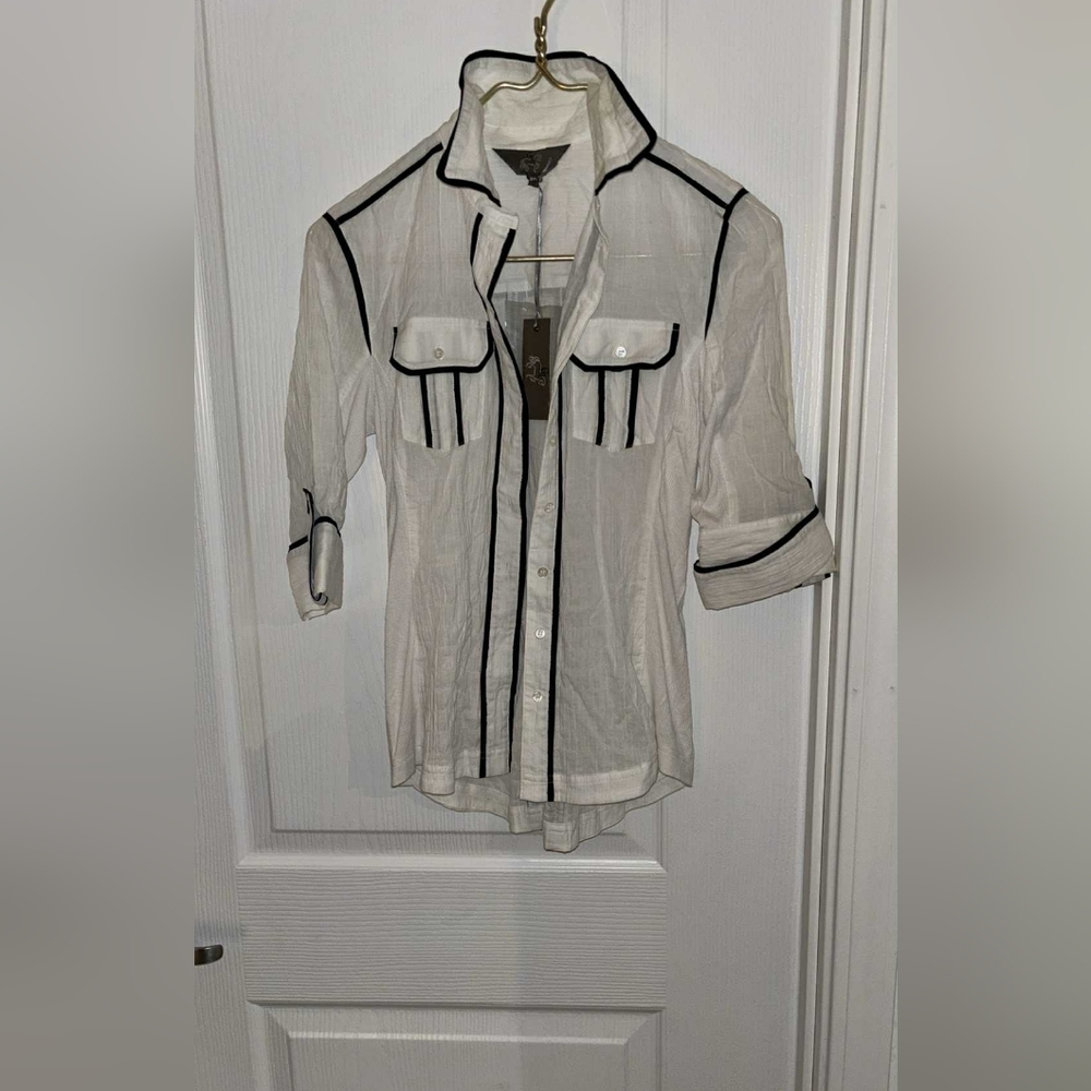 White Equestrian Sheer Black Trim Mother Of Pearl Buttons Western Wear